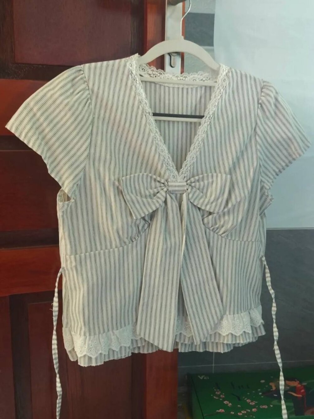 Beige Striped Bow Blouse